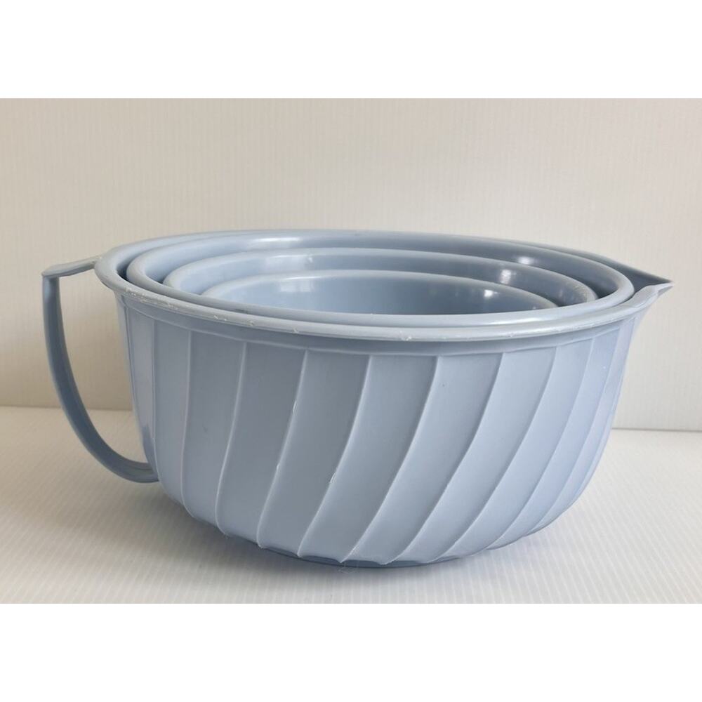 Shamrock Neatway Swirl Blue 2.5 QT Mixing Bowls 4 Nesting Set Spout Vtg MCM 60s